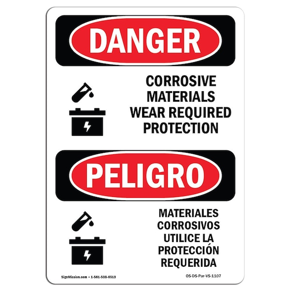 Safety Sign, OSHA Danger, 5" Height, Corrosive Materials Bilingual Spanish, 10PK